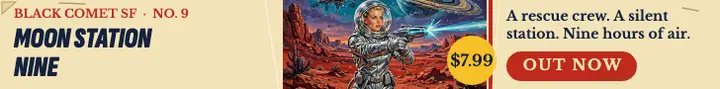 Moon Station Nine pulp book leaderboard ad: science fiction book launch ad template