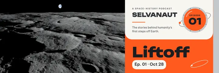 Space history podcast launch header, space-age pod template