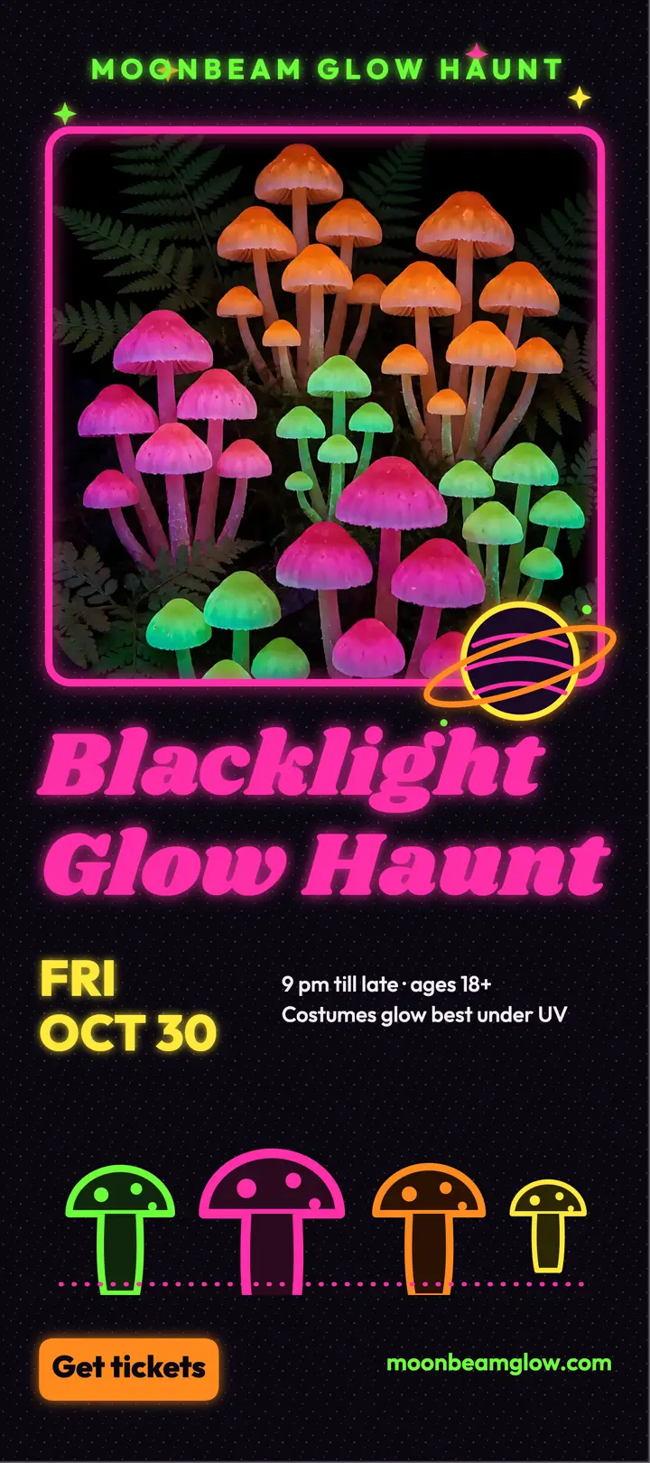 Moonbeam blacklight glow haunt rack card: halloween party rack card template