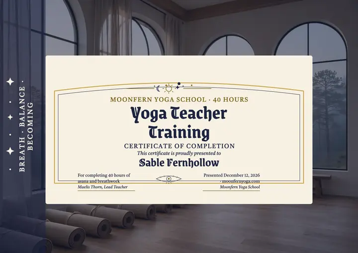 Moonfern 40-hour yoga training certificate template