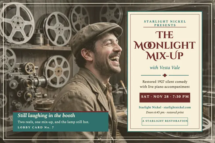 Moonlight Mix-Up lobby postcard: silent comedy screening postcard template