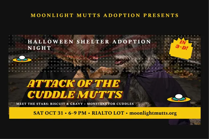 Moonlight Mutts Halloween adoption postcard: pet adoption postcard template