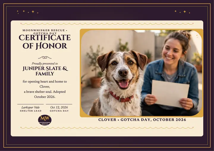 Moonlit adoption honor certificate: pet adoption certificate template