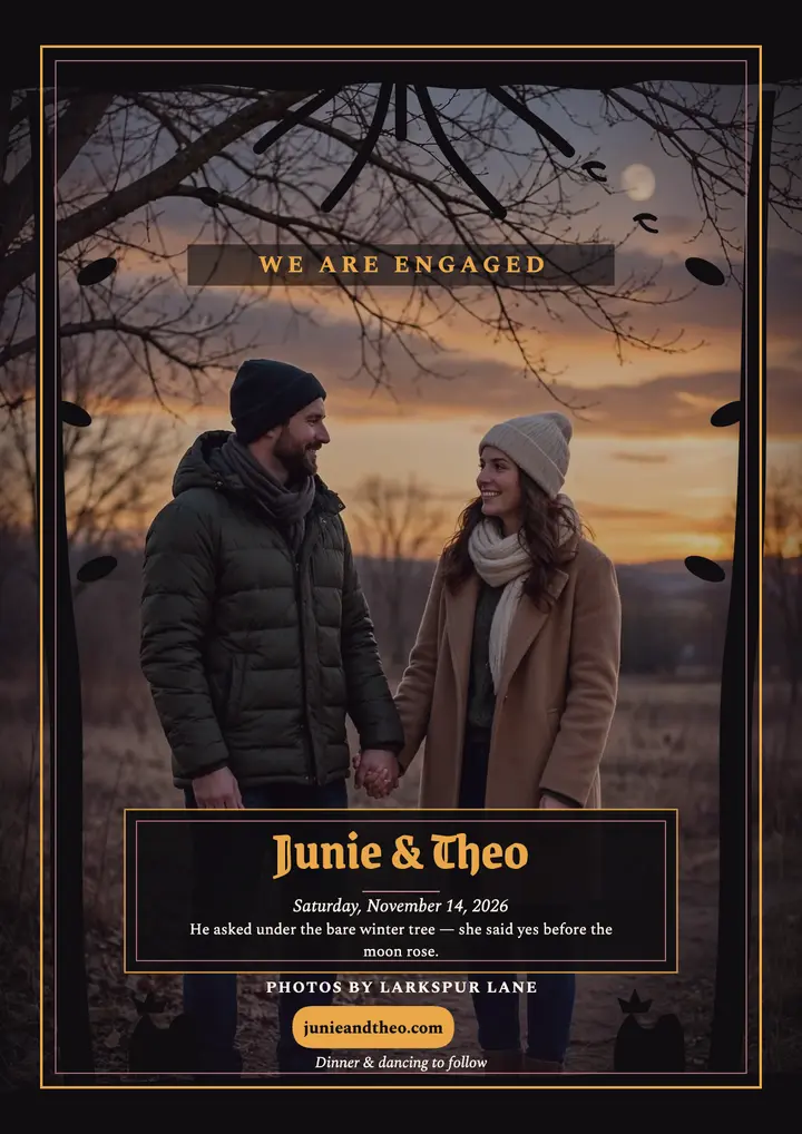 Junie and Theo moonlit engagement flyer: engagement announcement flyer template