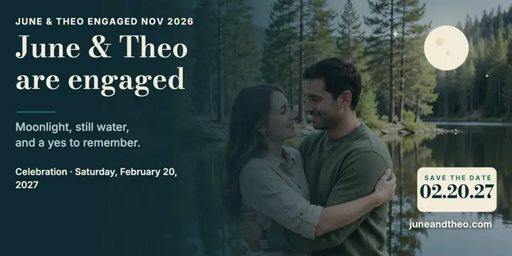June and Theo moonlit dock engagement post: engagement announcement post template