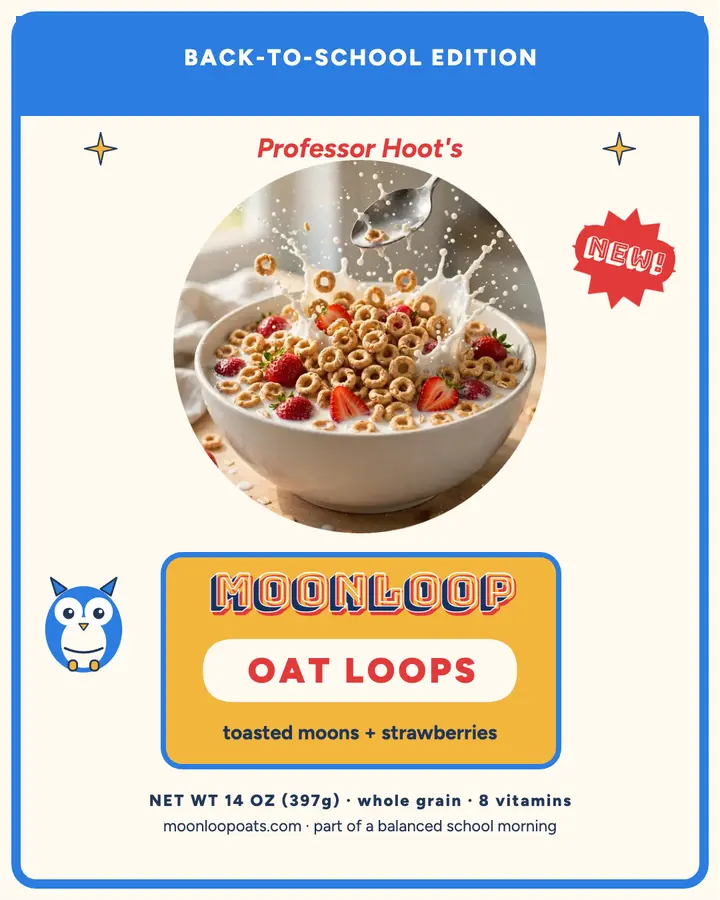 Moonloop Oats cereal box post: kids cereal box post template