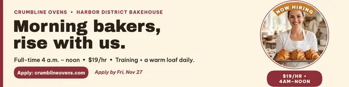 Crumbline Ovens morning baker hiring banner template