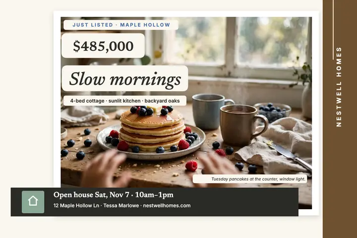 Maple Hollow cottage morning kitchen postcard template