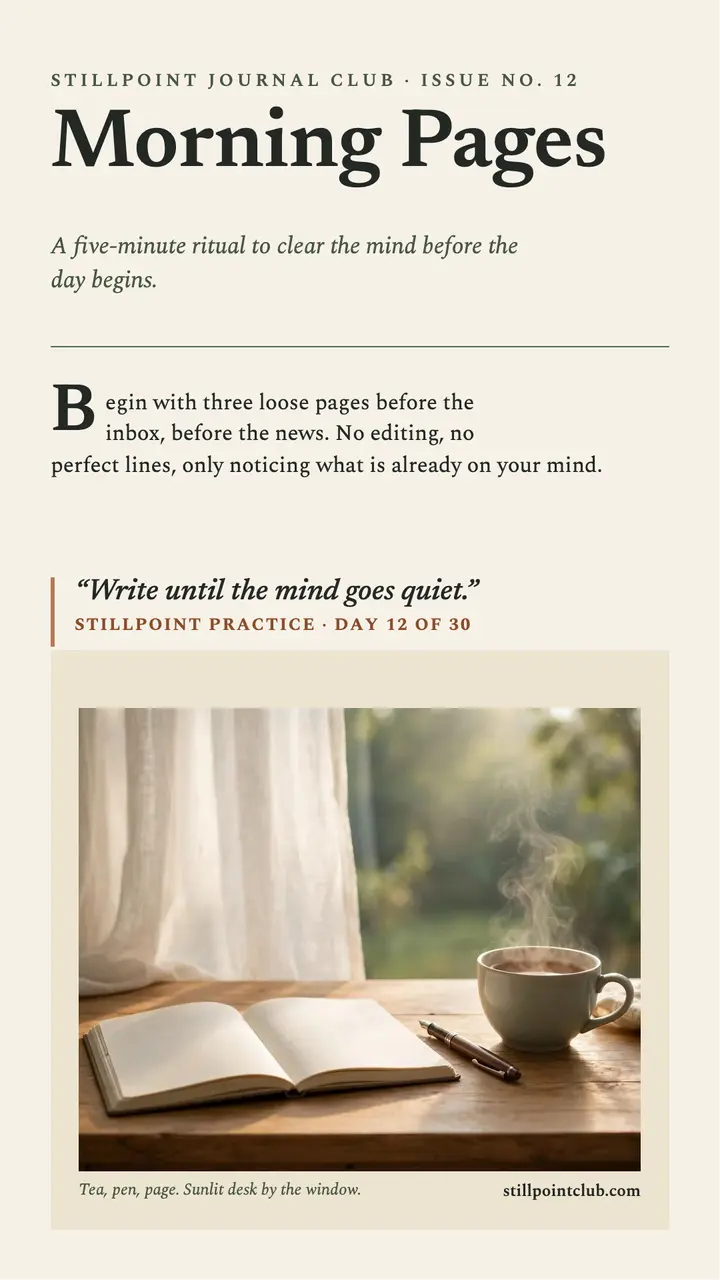 Stillpoint morning pages essay story: morning journaling ritual story template