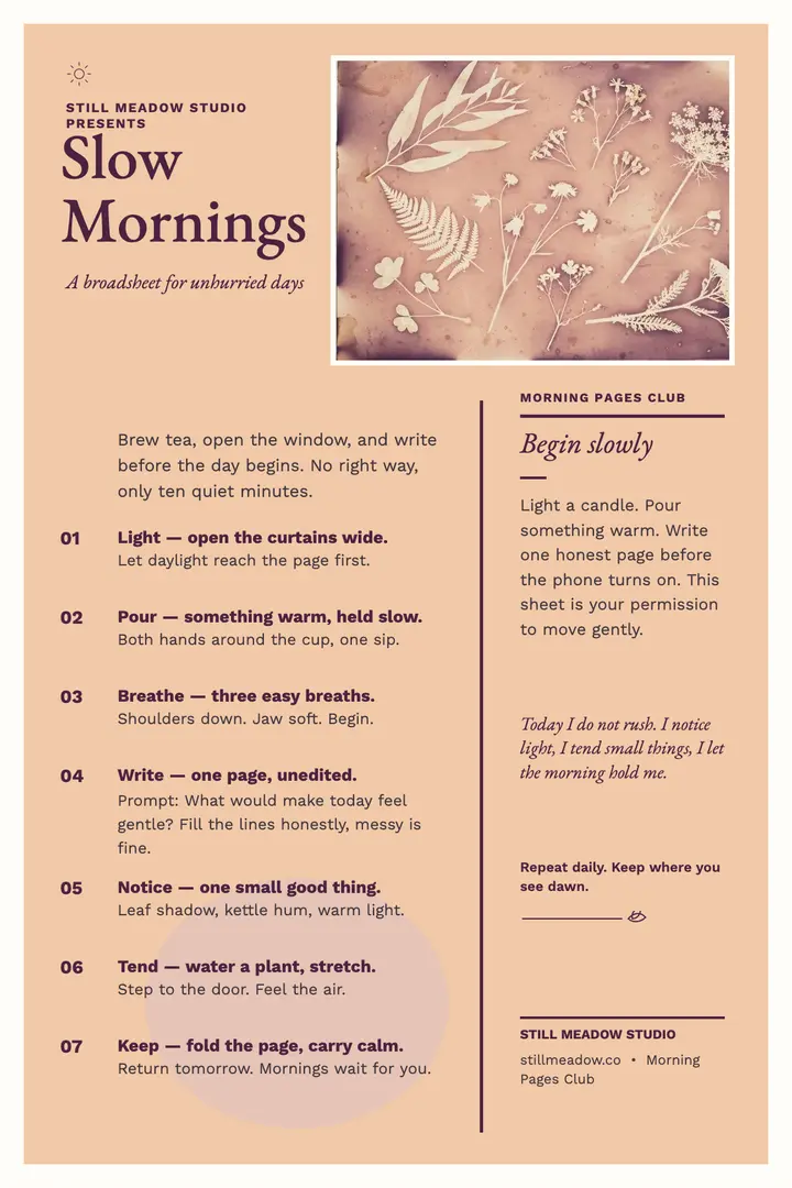 Slow mornings journaling brodsheet, Still Meadow: wellness affirmation poster template