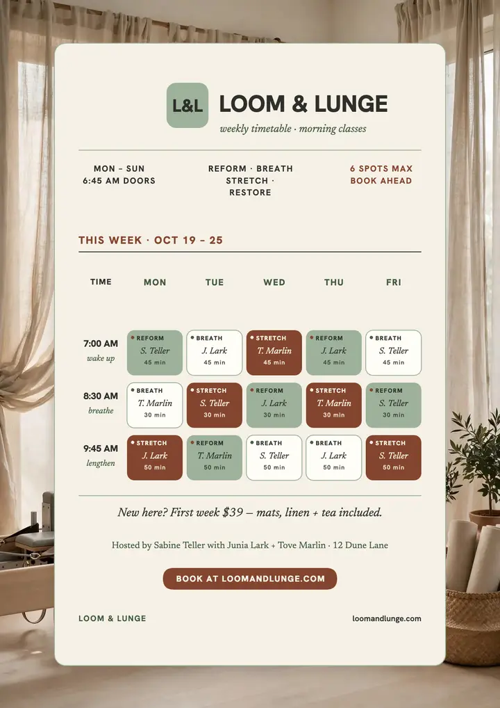Loom and Lunge morning timetable flyer: wellness timetable flyer template