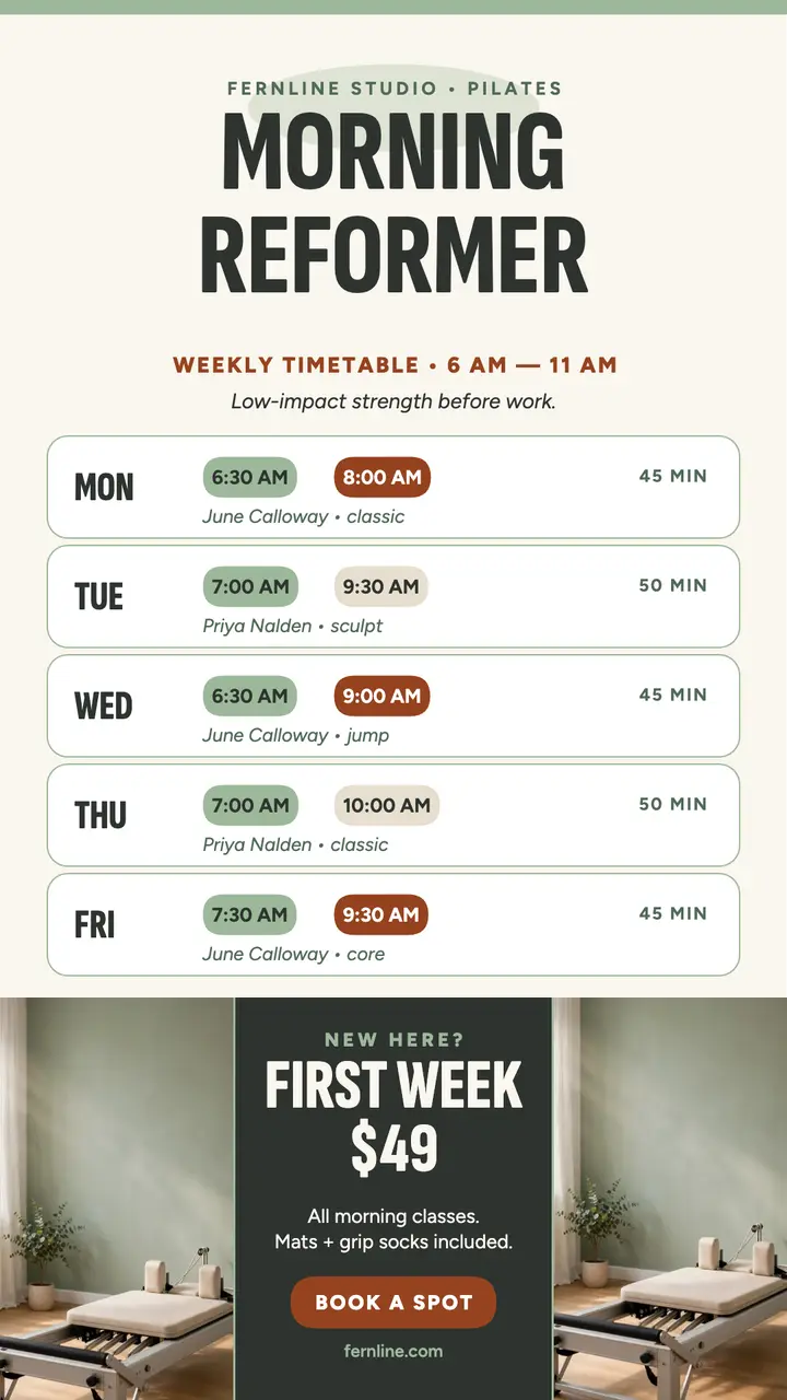 Fernline morning reformer timetable story template