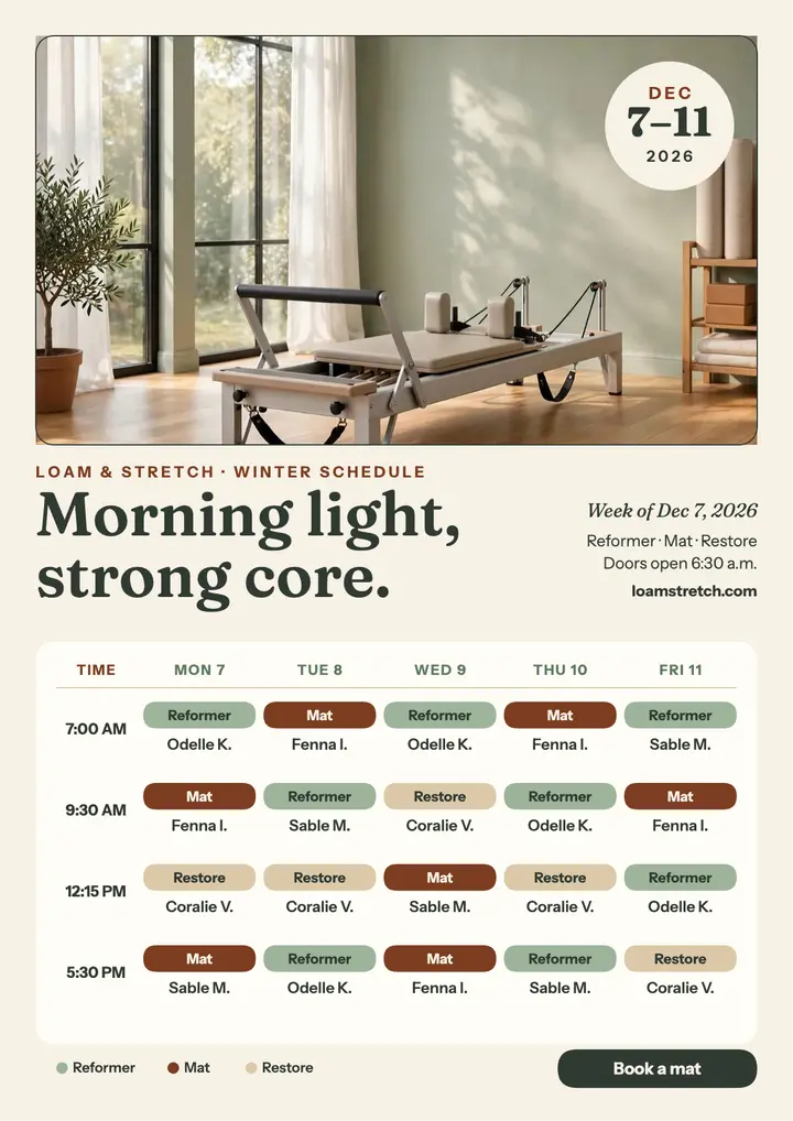 Loam and Stretch morning week schedule flyer: pilates schedule flyer template