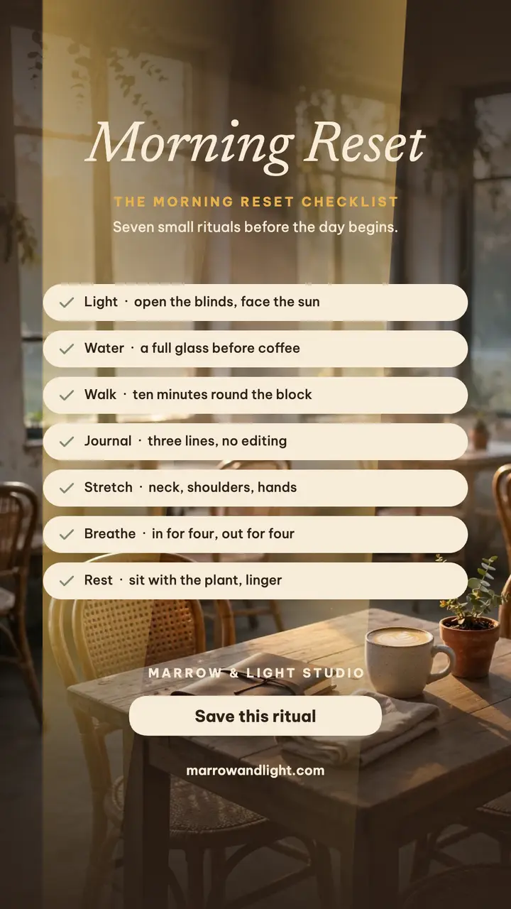 Marrow and Light morning reset story: morning reset checklist template
