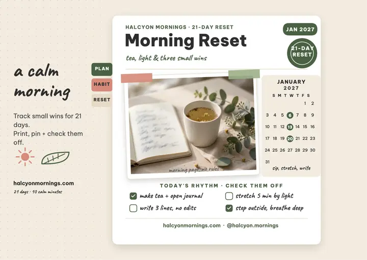 Halcyon Mornings reset planner: morning routine tracker template