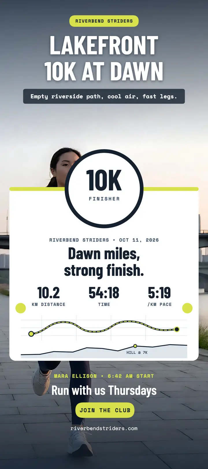 Lakefront 10K morning run stats card template
