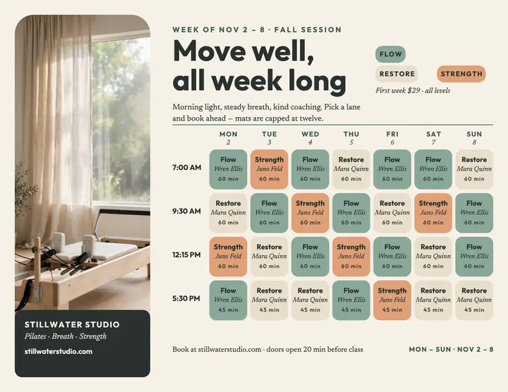 Stillwater morning timetable flyer: studio timetable flyer template