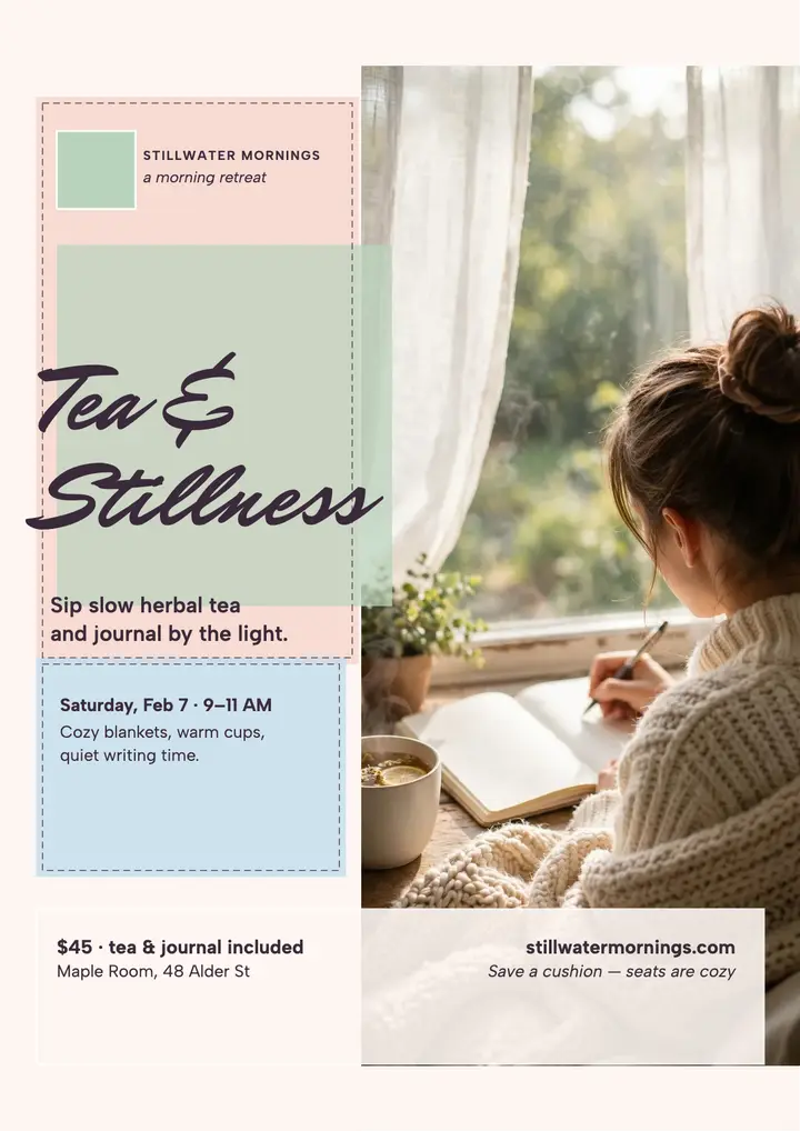 Stillwater Mornings tea retreat flyer template