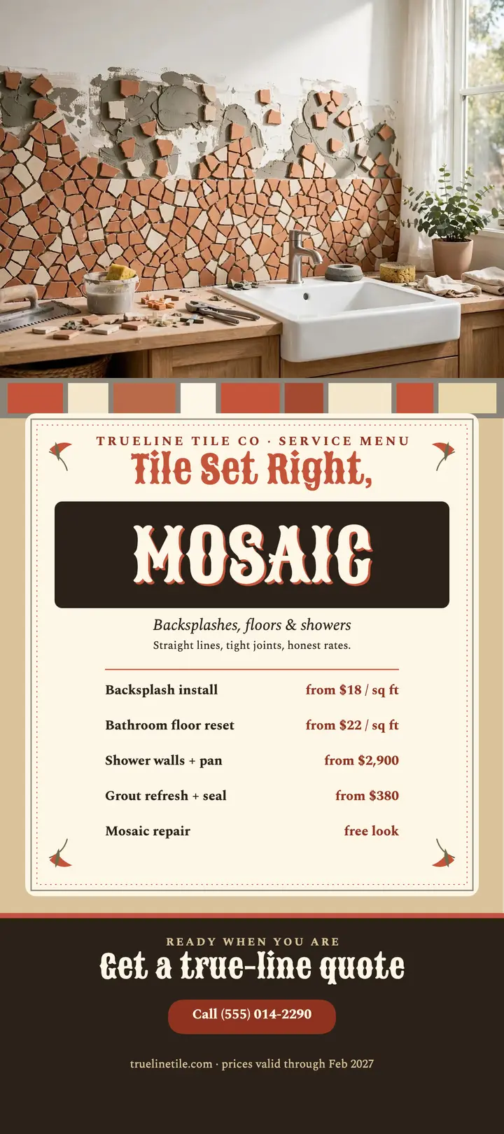 Trueline Tile mosaic service menu card template