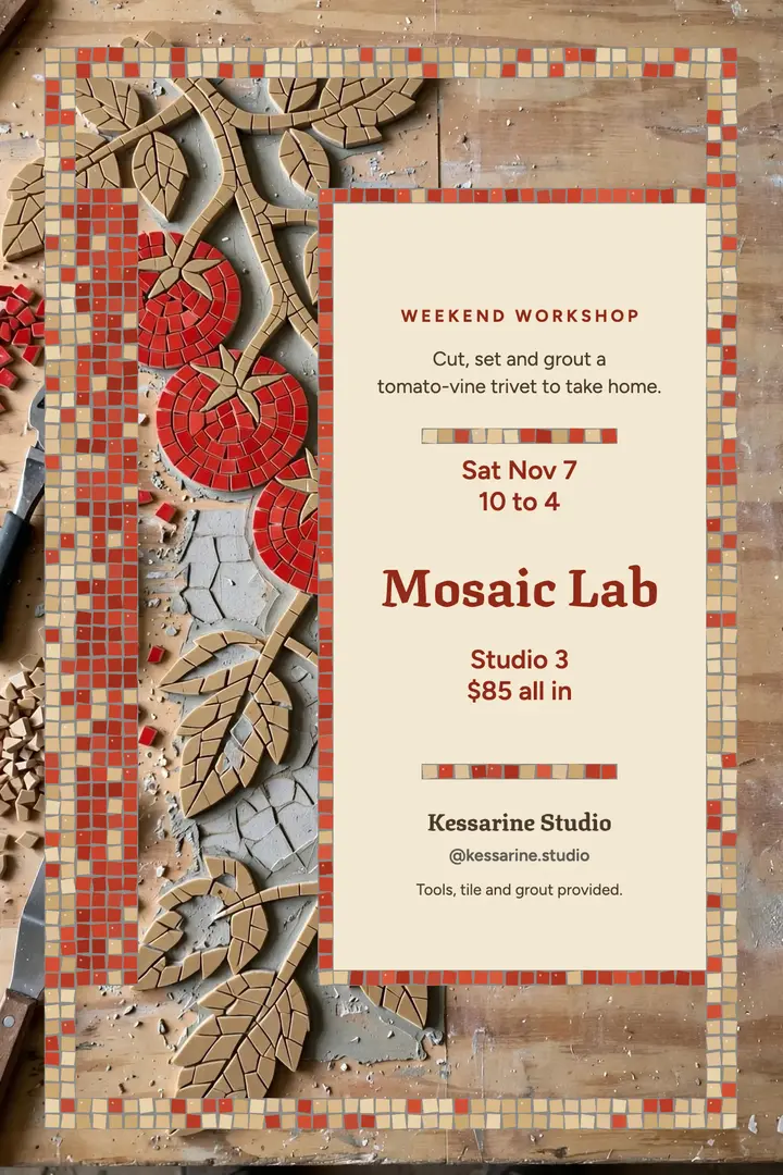 Mosaic Lab weekend workshop poster, tessera tiles template