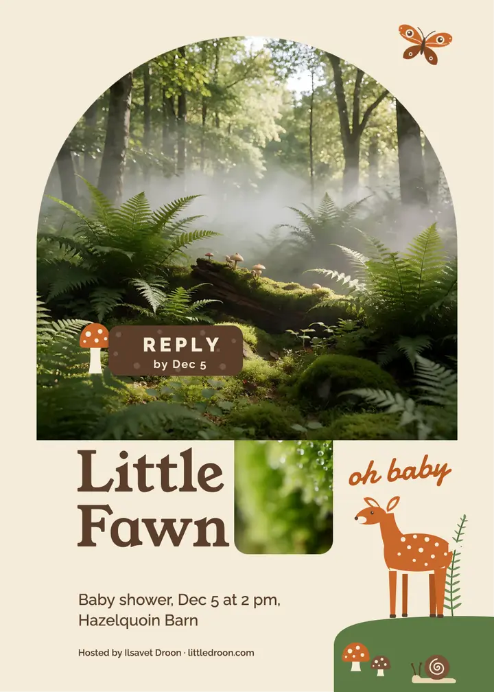 Little Fawn woodland baby shower invitation, moss arch template
