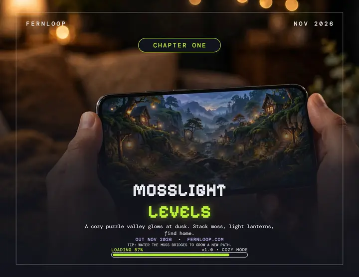 Mosslight Levels cozy puzzle game launch flyer: app launch flyer template