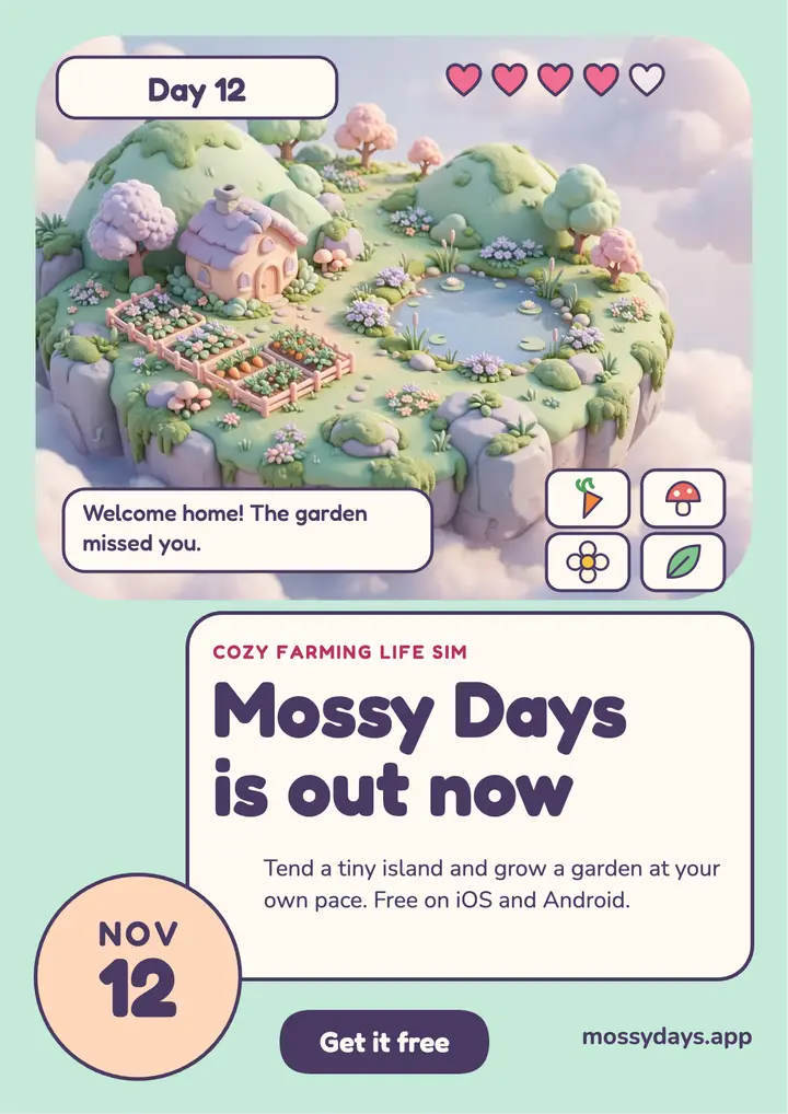 Cozy game launch flyer, floating island UI: mobile game launch flyer template