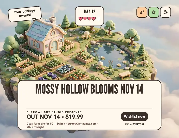 Mossy Hollow game launch flyer: cozy game launch flyer template