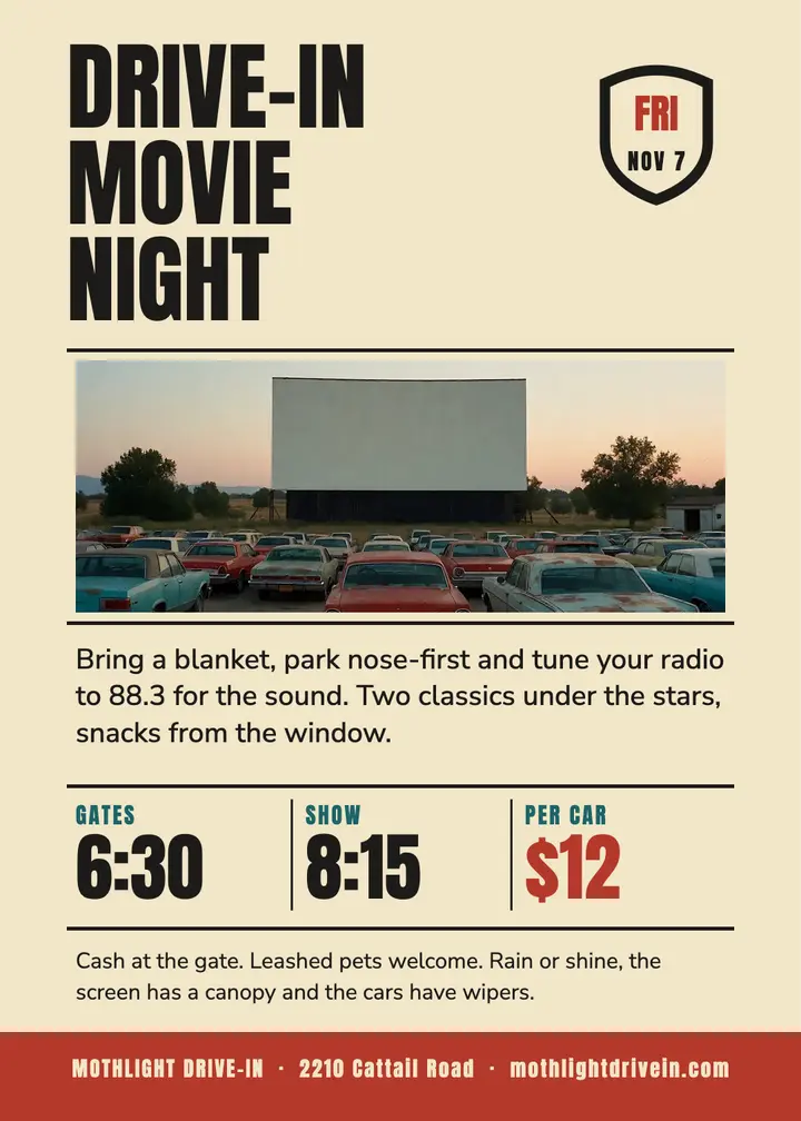 Mothlight Drive-In movie night invitation, roadside Americana template