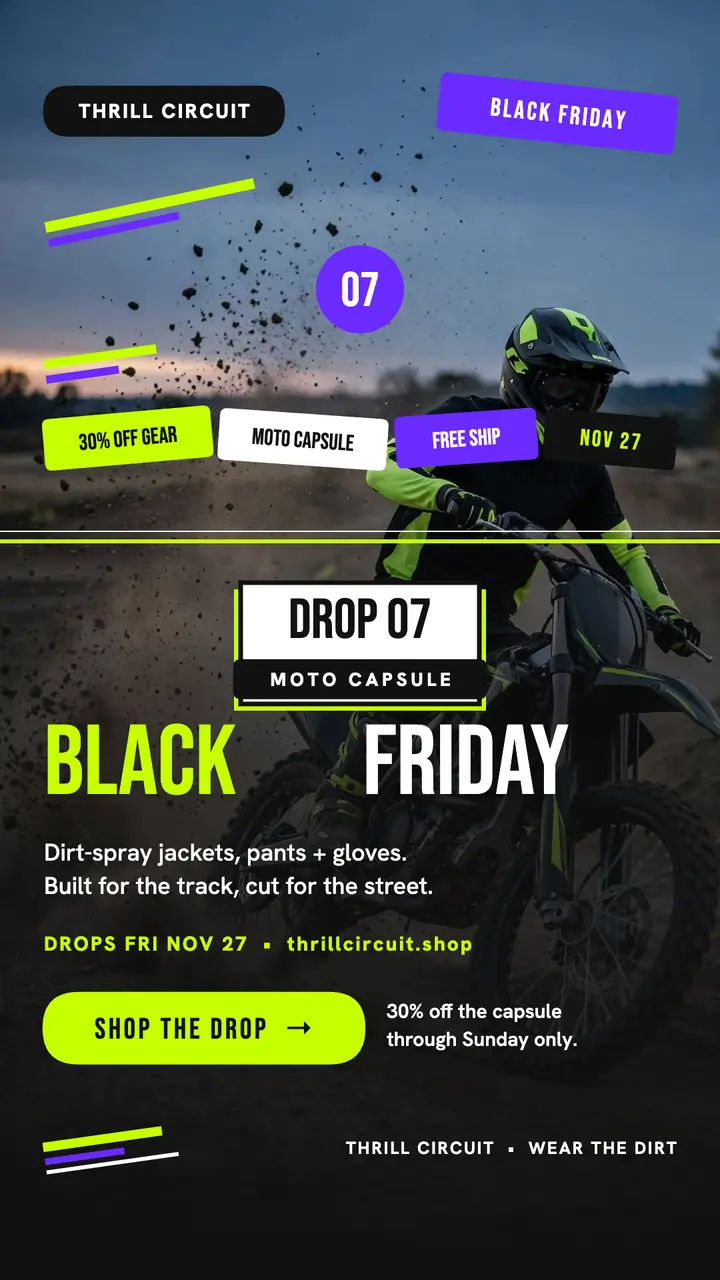 Thrill Circuit Black Friday moto drop story template