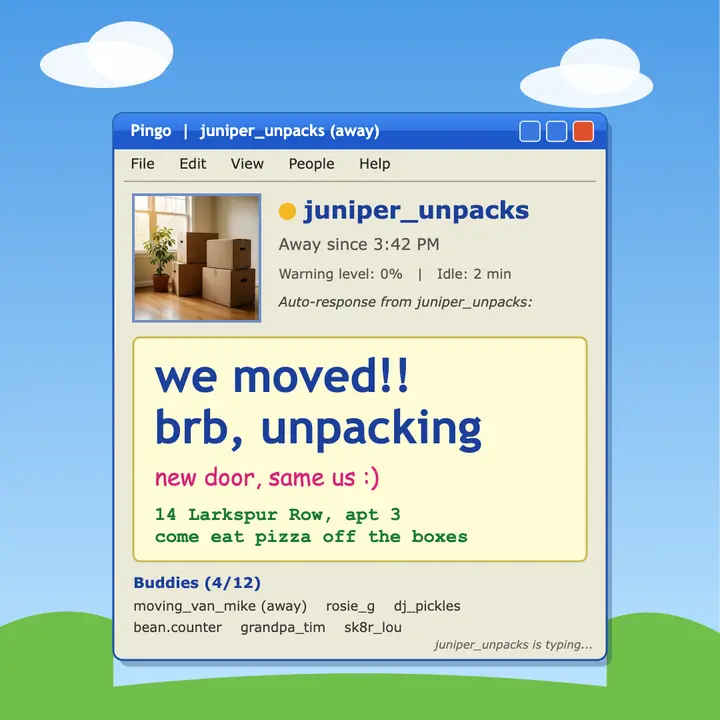 Pingo away message: we moved: moving announcement post template