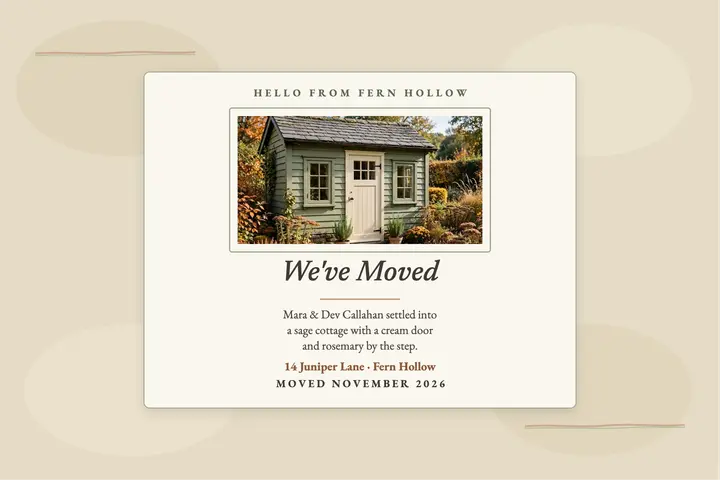Callahans moved cottage plaster postcard: moving announcement postcard template