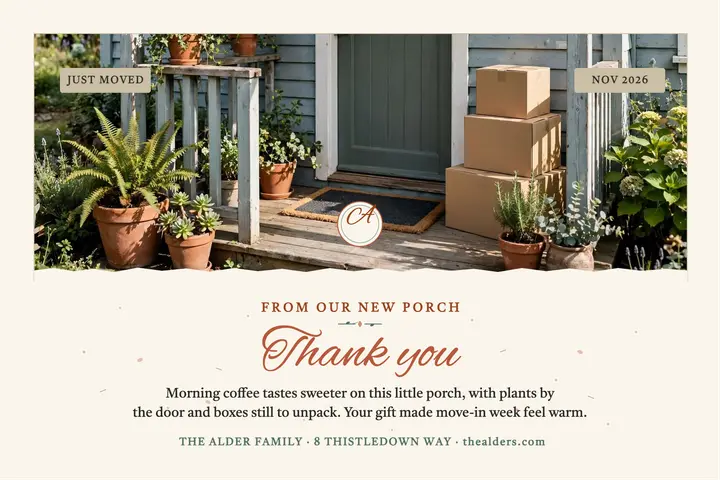 Alder family moved thank you seed postcard: thank you move postcard template