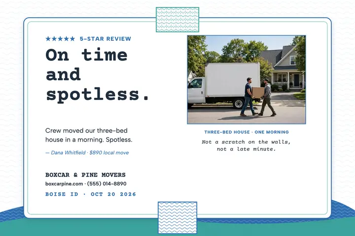 Boxcar and Pine movers review postcard: moving company review card template