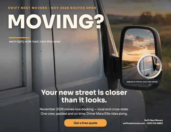 Swift Nest Movers road mirror promo: moving company flyer template