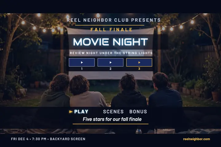 Reel Neighbor Club movie night DVD menu postcard template