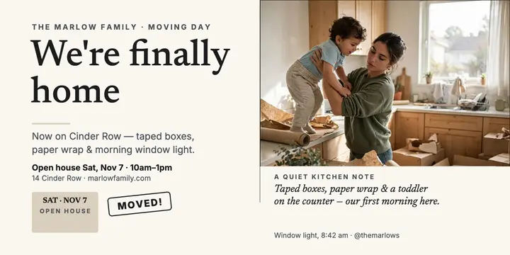 Marlow family moving day kitchen post: moving announcement post template