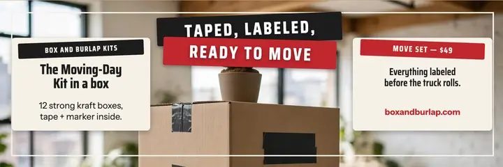 Box and Burlap moving-day tape labels header: moving day header template