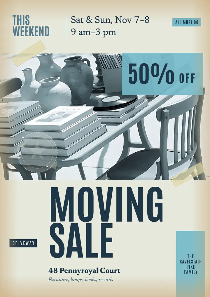 Driveway moving sale flyer, sun-bleached poster template