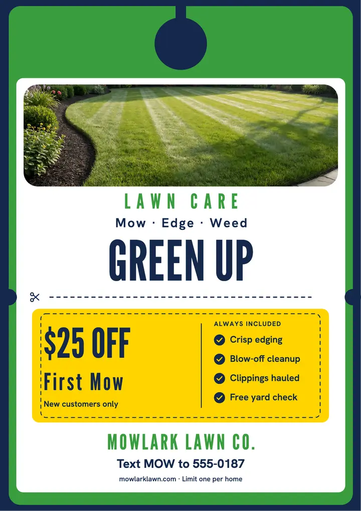 Mowlark Lawn Co. door hanger with $25 off coupon template
