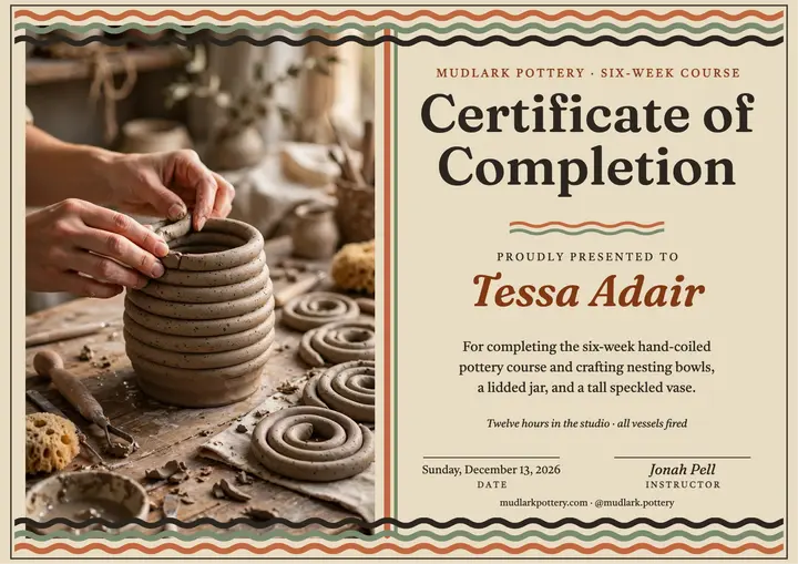 Mudlark hand-coiled pottery certificate template