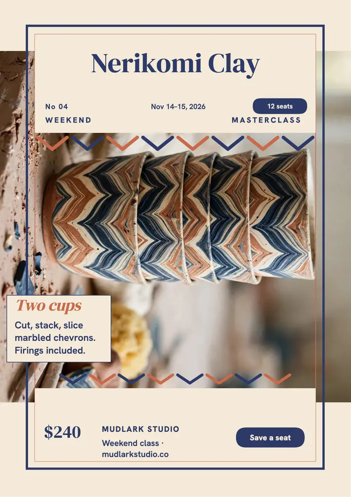 Mudlark Studio nerikomi clay weekend flyer: nerikomi workshop flyer template