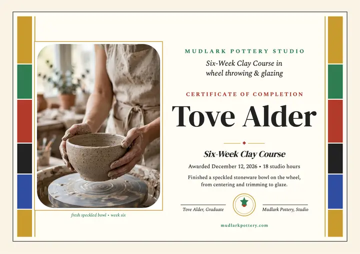 Mudlark Pottery clay course certificate template