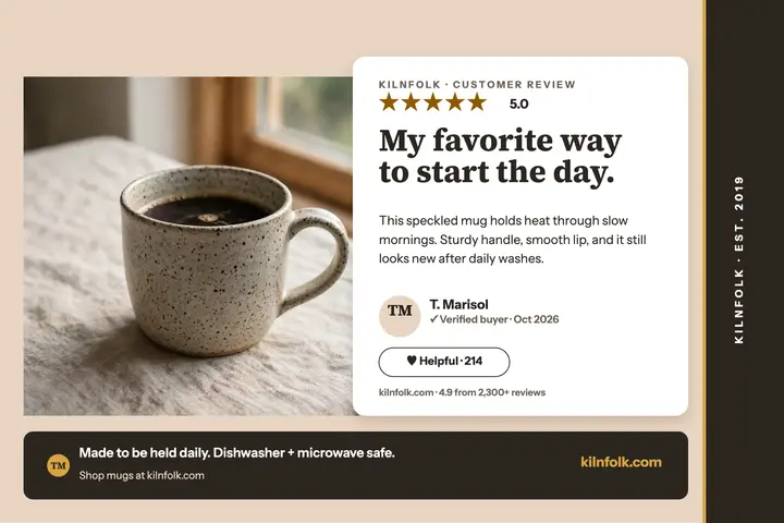 Kilnfolk mug verified review postcard: mug review postcard template