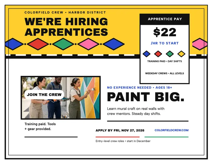 Colorfield Crew mural apprentice hiring flyer: mural crew hiring flyer template