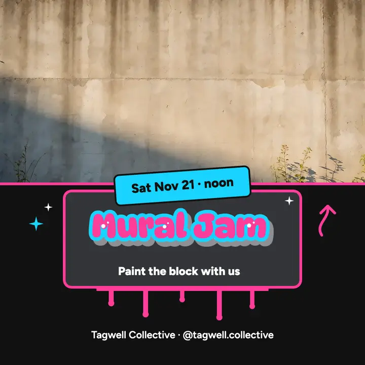 Mural Jam community paint day, graffiti throw-up post template