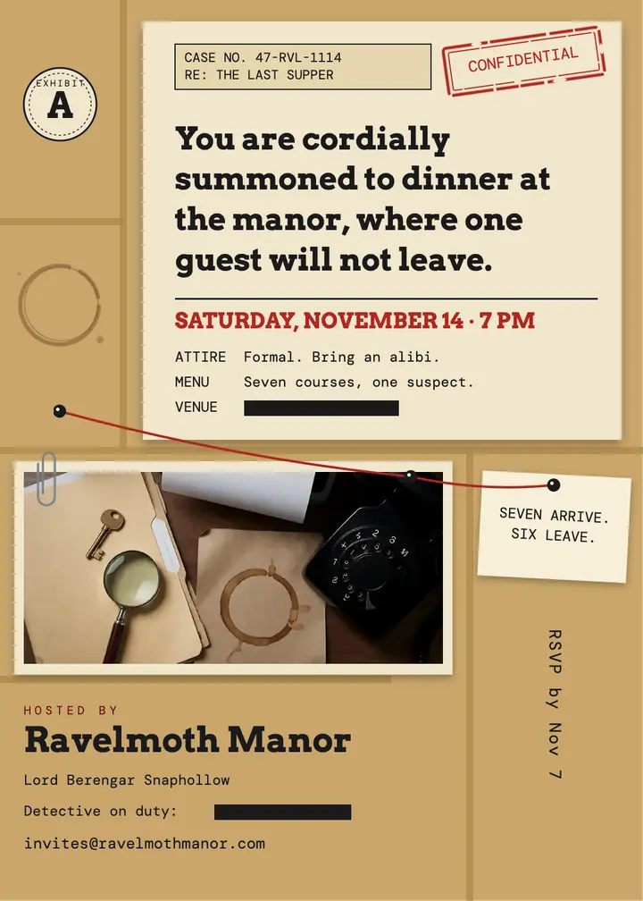 Ravelmoth Manor murder mystery dinner invitation template