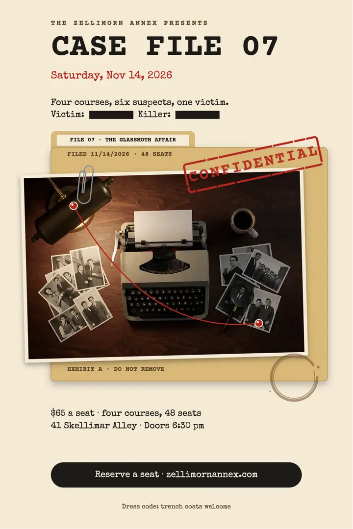 The Zellimorn Annex murder mystery dinner poster, case file template
