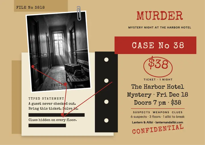 Harbor Hotel murder mystery dossier invite template