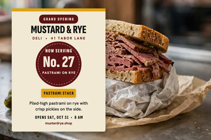 Mustard and Rye deli opening postcard template